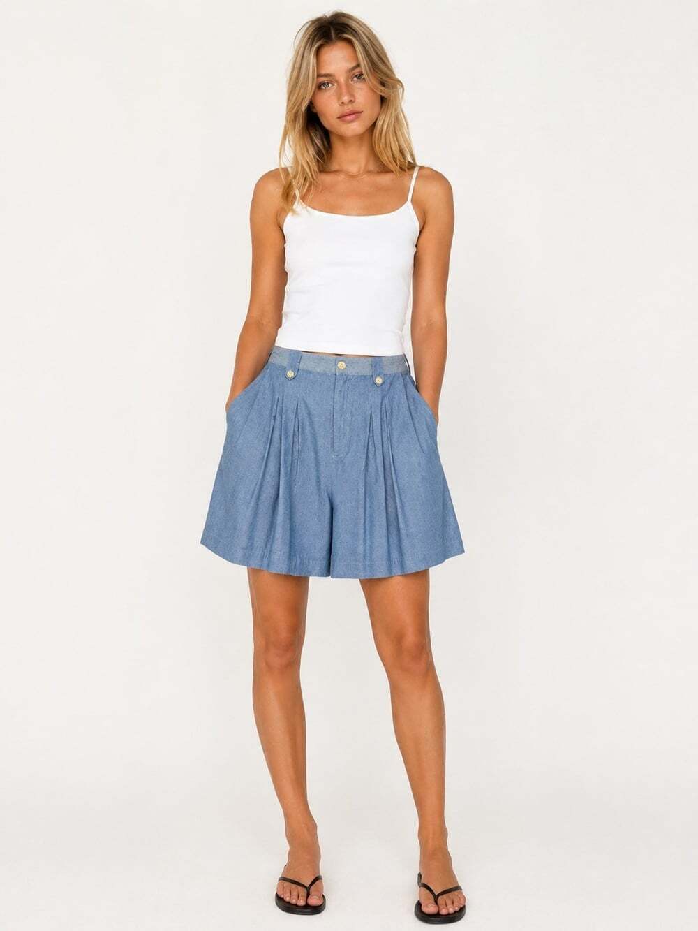 GAP Vintage 90's Chambray Pleated Wide Leg Shorts High WaistButton Front 11/12 - Picture 8 of 8